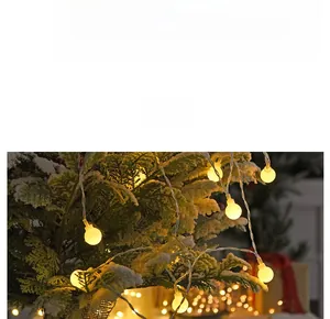 Detail of warm yellow LED globe string lights on a snowy Christmas tree branch