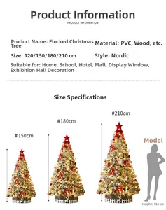 Size comparison chart for flocked Christmas trees ranging from 120cm to 210cm height