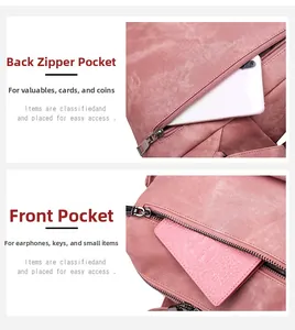 Detail view of anti-theft back zipper pocket and front pocket on pink synthetic leather backpack