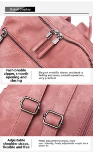 Pink backpack detail showing dual metal zippers and adjustable hardware buckle strap