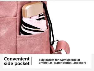 Side pocket detail of a pink large-capacity backpack showing storage for an umbrella
