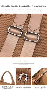 Detail view of adjustable silver buckles, leather handle and dual zippers on retro canvas bag