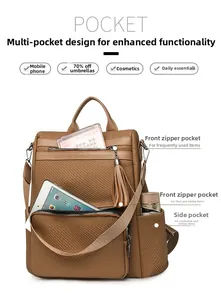 Detail view of a brown woven backpack showing multiple pockets and storage capacity