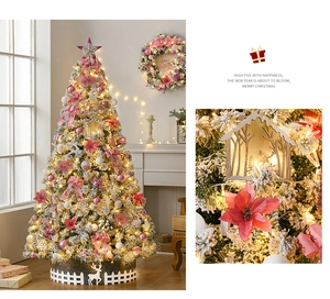 Close-up of pink flocked Christmas tree decorations with warm LED lights and silk bows