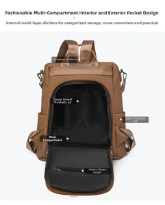 Detailed view of large capacity backpack interior showing multiple pockets and storage space