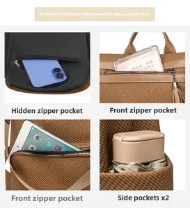 Detailed view of brown woven backpack compartments including hidden back and side pockets