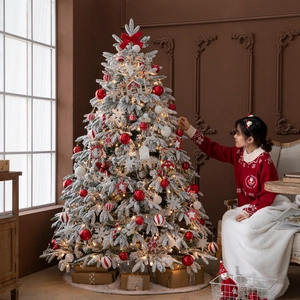 Frosted PE mixed snowy Christmas tree with red white ornaments and warm LED lights