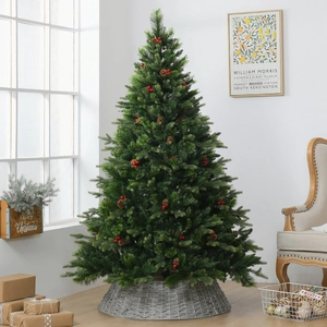 Lussuoso albero di Natale artificiale da 2,4m con bacche rosse, pigne e base intrecciata