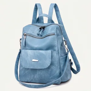 Light blue faux leather backpack for women featuring multiple compartments and dual straps