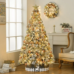 Flocked Christmas Tree With LED String Lights Ornaments Bows Star And Tree Skirt Snow Effect Artificial Holiday Decor
