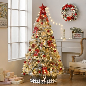 Fully decorated 2.1m flocked Christmas tree with warm lights and festive ornaments