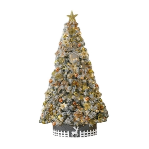 2.1m flocked Christmas tree with gold ornaments, LED lights, and reindeer fence base