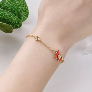 Enamel Pony Horse Bracelet Copper Gold Coin Lucky Charm Adjustable Chain Jewelry For Women Elegant Chinese Style Red