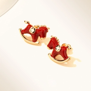 Rocking Horse Stud Earrings Red Enamel Gold Plated Copper Elegant Star Detail Animal Style Festive Jewelry For Women