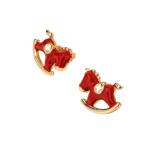 Detail of red enamel rocking horse earrings with golden star motif and polished finish