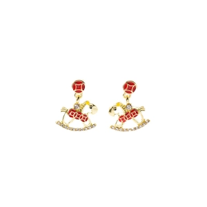 Golden pony drop earrings with red enamel coin pattern and sparkling rhinestones
