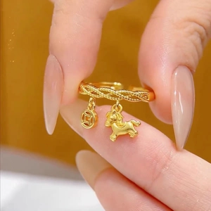 Verstellbarer Offener Ring Kupfer Gewebte Textur Pferd Und Münze Anhänger Retro Modeschmuck Für Damen