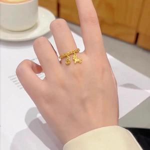 Goldener geflochtener Ring mit Münz- und Pferdependel, getragen in einem gemütlichen Café