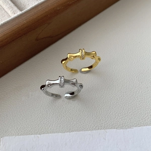 Minimalist bamboo style adjustable open rings in gold and silver with zircon accents