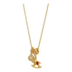 Golden necklace with horse and coin charms featuring red accents and sparkling crystals
