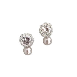 French style silver snowflake stud earrings with zircon halo and grey pearl drop pendant