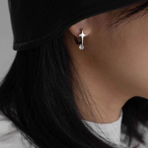 Silver four-pointed star hoop earrings with hanging round cubic zirconia stones