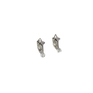 Silver four-pointed star hoop earrings with round clear zircon dangles on white background