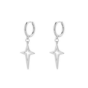 Elegant 925 sterling silver hoop earrings with hollow north star pendants on white background