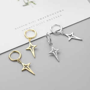 Minimalist Hollow Four Pointed Star Dangle Hoop Earrings Brass Gold Silver Plated With Silver Earring Post Jewelry For Women