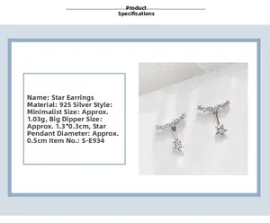 Detail of 925 sterling silver star drop earrings with sparkling zircon constellation
