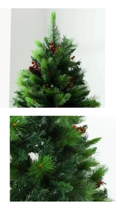 Close-up of mixed PVC pine needles with red berries and pine cones on a Christmas tree