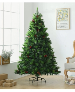 Detailed close-up of lush pine needles with red berries and pine cones on artificial tree