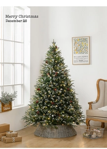 Detail of 1.8m snow-tipped Christmas tree with warm LED lights, pine cones and red berries