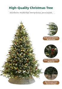 Detail of 1.8m snow-flocked Christmas tree with red berries, pine cones and LED lights