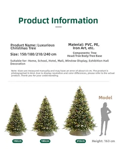 Christmas tree size comparison chart showing 150cm to 210cm heights next to a model silhouette