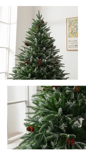 Detail of 1.8m Christmas tree with snow flocking, pine cones, and red berries