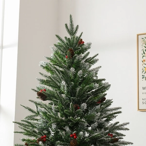 1.8m Artificial Christmas tree with snowy needles, red berries, pine cones and fence