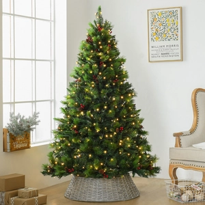 Artificial Christmas Tree With Warm LED Lights Red Berries Pine Cones And Woven Base Green PVC PE Festive Holiday Decor