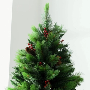 Lush 1.8m green Christmas tree with red berries and pine cones on white background