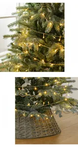 Détail de branches denses de sapin avec lumières LED chaudes et cache-pied tressé