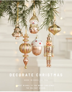 Champagne gold Christmas tree ornaments with glitter and electroplated finish on pine branch