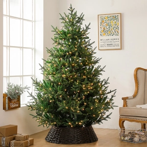 Árbol de Navidad artificial de 2,1m con luces LED cálidas y base de mimbre tejida