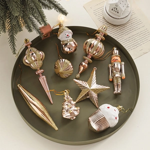 Rose Gold Champagne Christmas Tree Ornaments Set Plastic Electroplated Glitter Nutcracker Star Snowman Pendants Holiday Party Decorations
