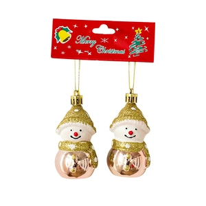 Set of two rose gold metal snowman Christmas ornaments with festive red gift cards