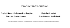 Detailed product specifications for iron Christmas tree topper star with size info