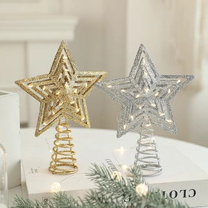 Puntale per albero di Natale a stella dorata e argento con glitter e luci a LED