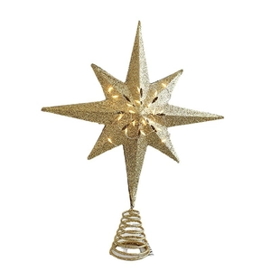 Sparkling gold glitter Christmas tree topper with LED lights and spiral base decoration