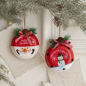 Christmas Bell Ornaments Metal Iron Santa Snowman Hanging Pendant With Pine Cones Ribbons Holiday Party Tree Decor