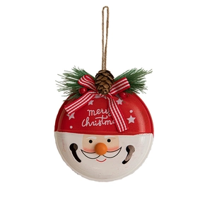 Painted metal Christmas bell ornament with Santa face and festive pine cone detail
