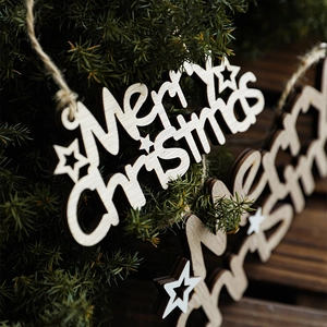 Wooden Merry Christmas ornament with star cutout and jute rope for tree decoration